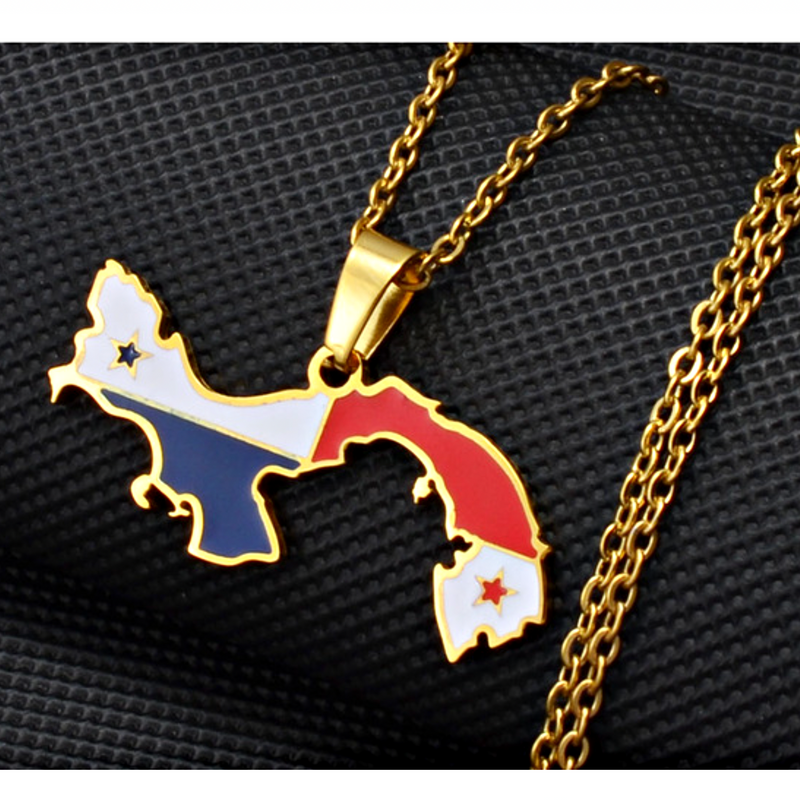 Panama Map with Flag Pendant Necklace