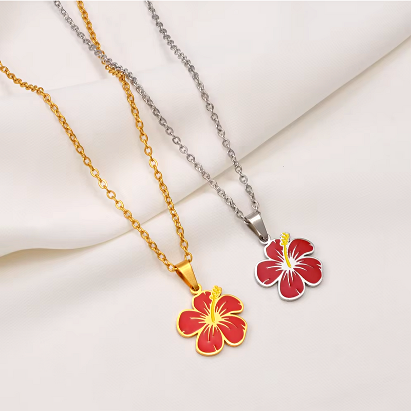 Hawaiian Guam Red Hibiscus Flowers Pendant Necklace