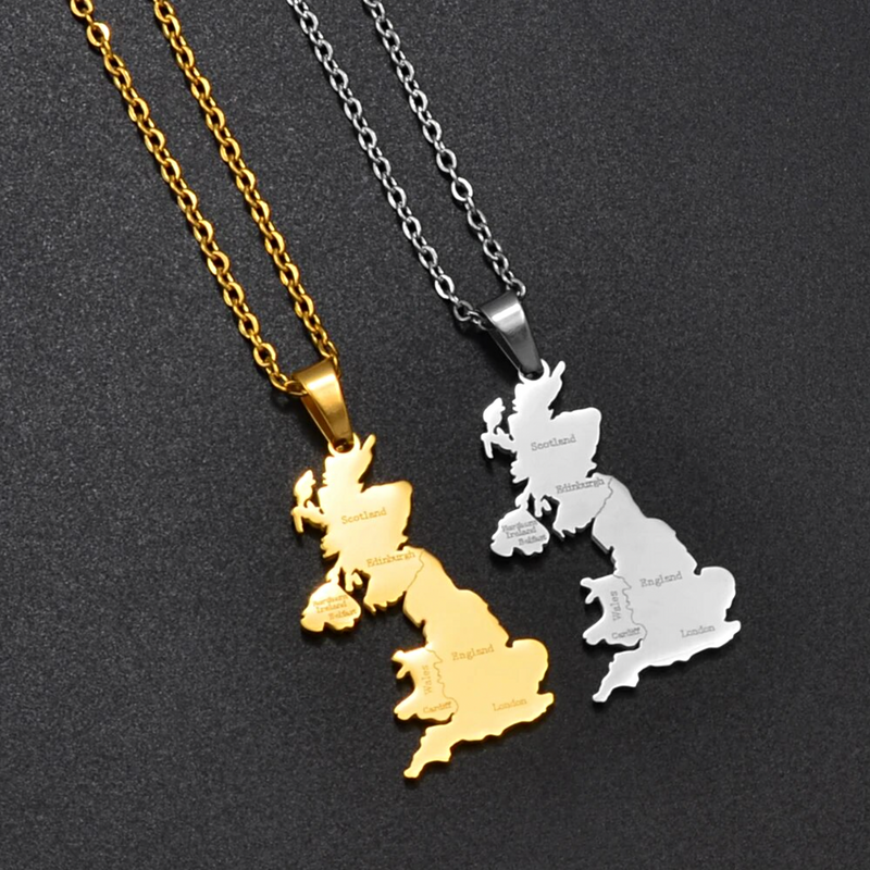 United Kingdom Map with Cities Pendant Necklace