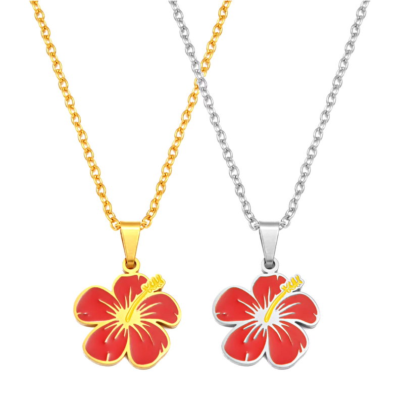 Hawaiian Guam Red Hibiscus Flowers Pendant Necklace