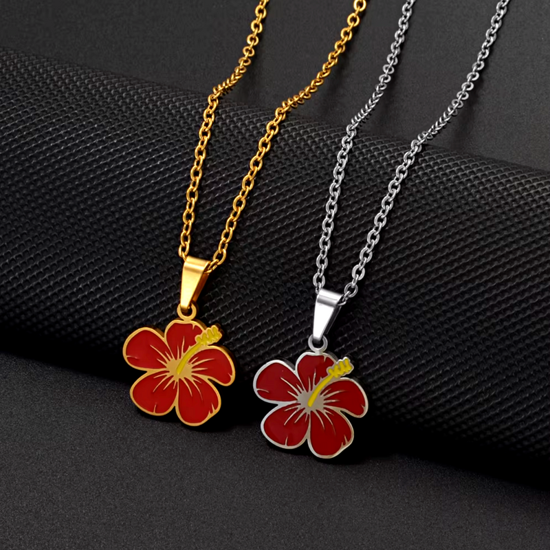 Hawaiian Guam Red Hibiscus Flowers Pendant Necklace