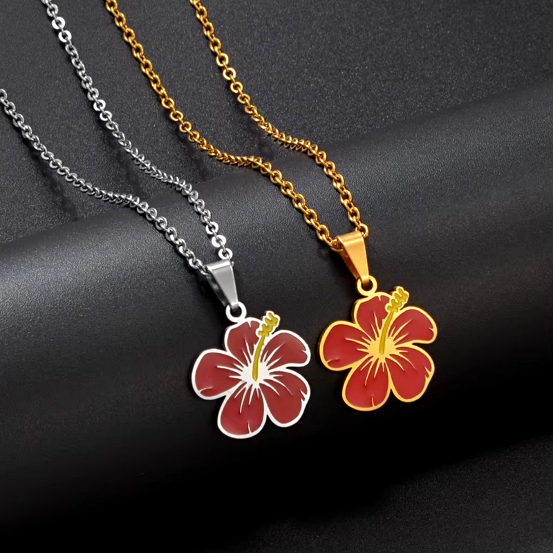 Hawaiian Guam Red Hibiscus Flowers Pendant Necklace