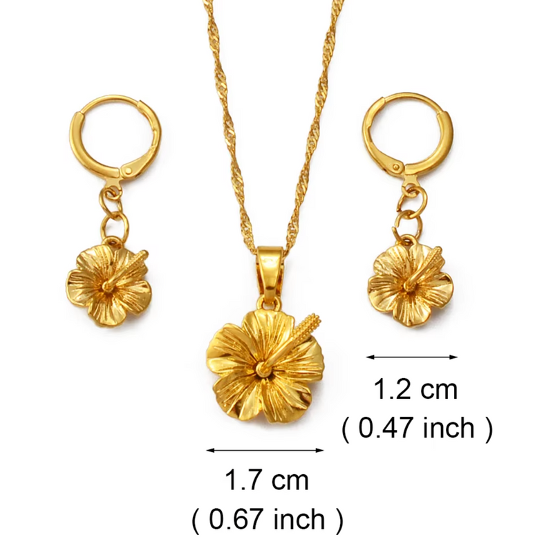 Hawaiian Guam Hibiscus Flowers Pendant Necklace Set with Earrings