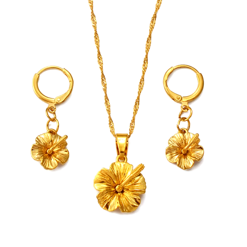 Hawaiian Guam Hibiscus Flowers Pendant Necklace Set with Earrings