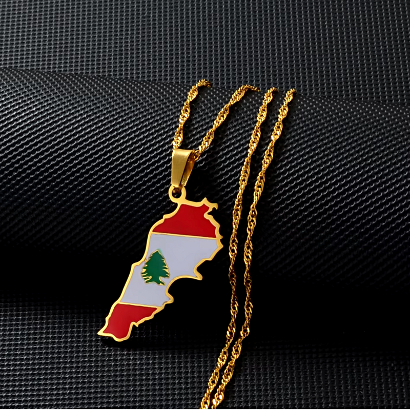 Lebanon Map with Flag Pendant Necklace