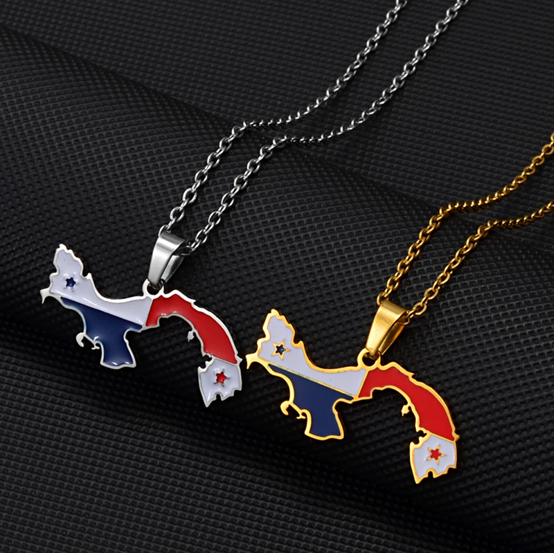 Panama Map with Flag Pendant Necklace