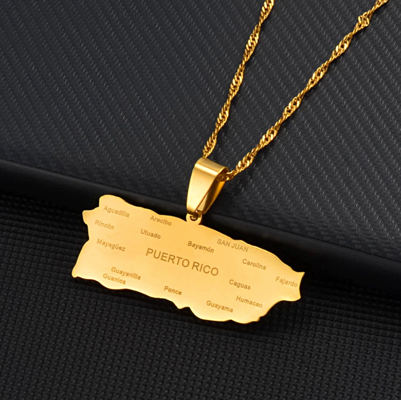 Puerto Rico Map Pendant Necklace with Cities Name