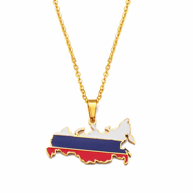 Russia Map Pendant Necklace with Flag