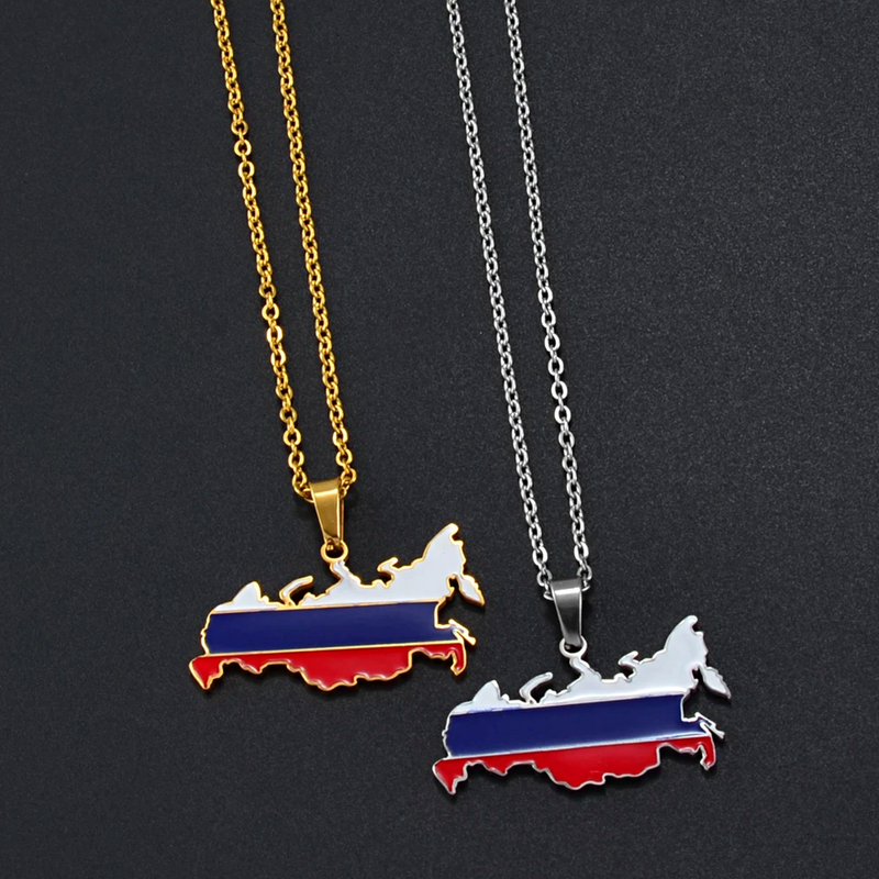 Russia Map Pendant Necklace with Flag