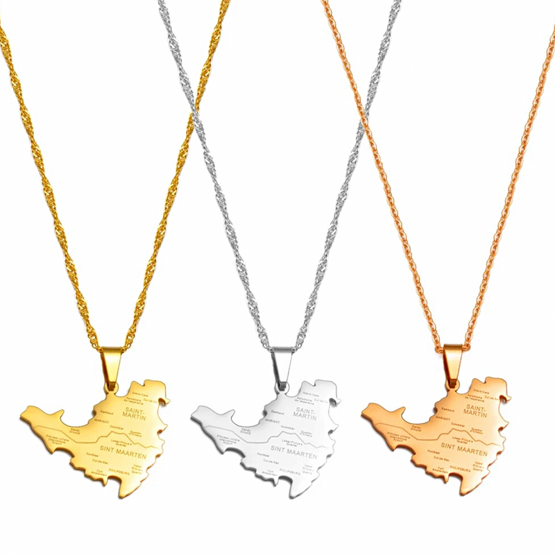 Saint Martin Map with Cities Pendant Necklace