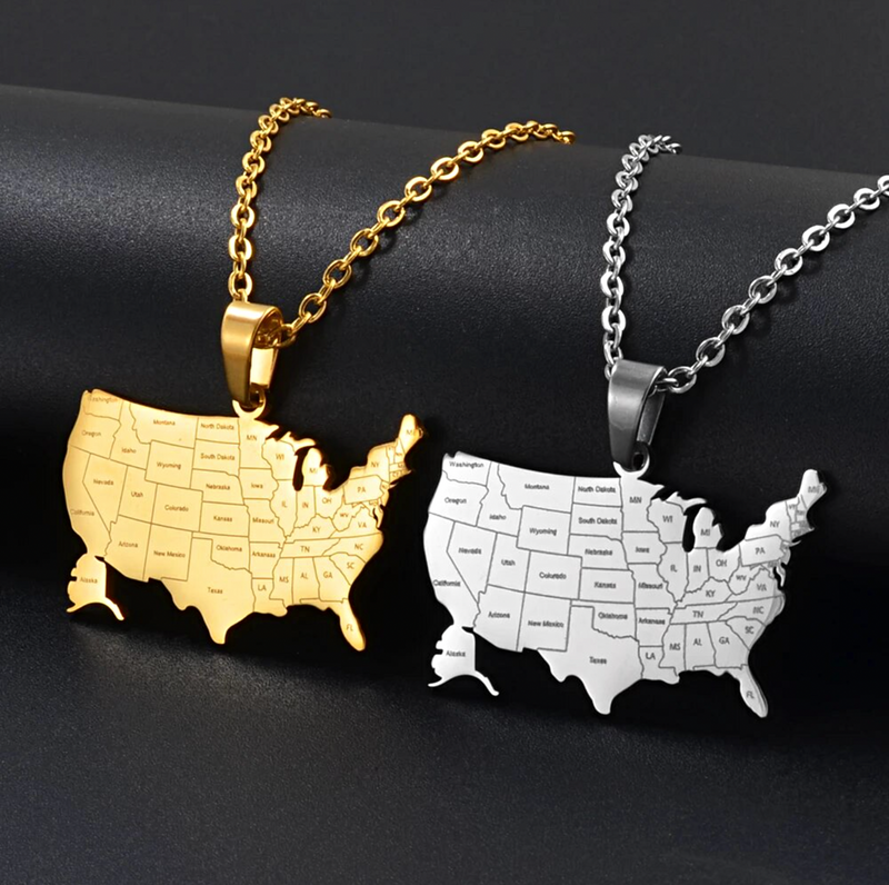 United States Map with Cities Pendant Necklace