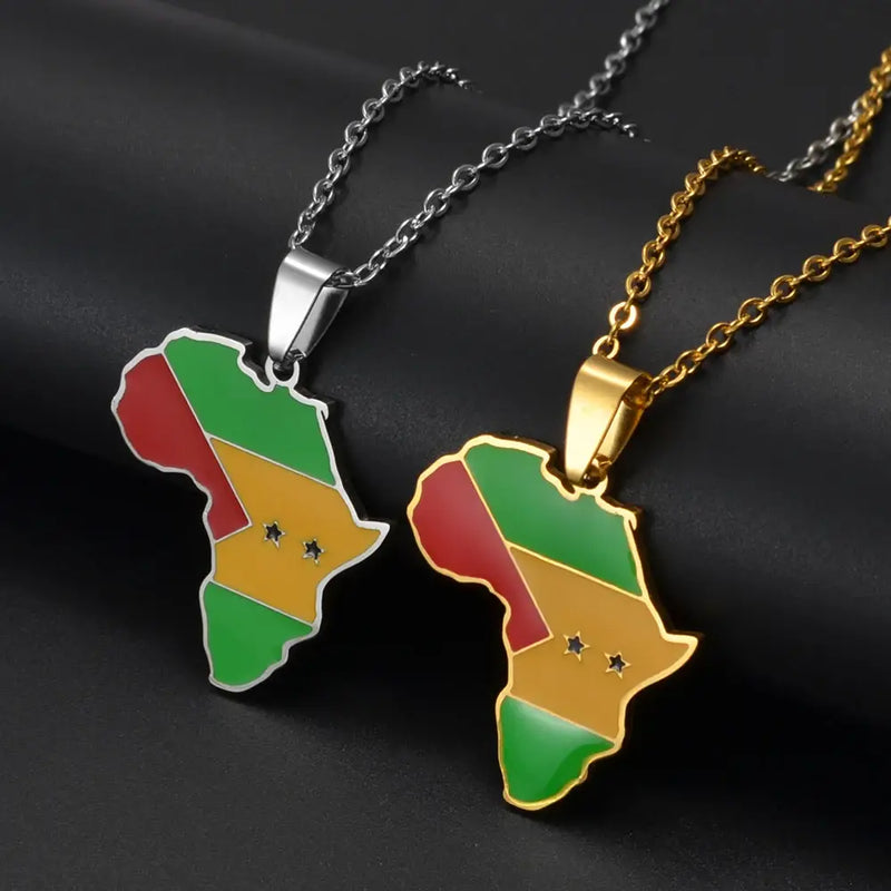 São Tomé and Príncipe Flag Africa Map Necklace