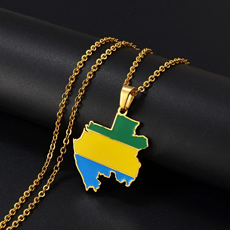Gabon Map with Flag Pendant Necklace