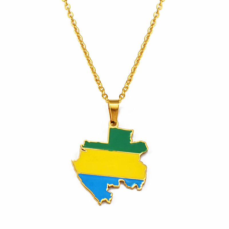 Gabon Map with Flag Pendant Necklace