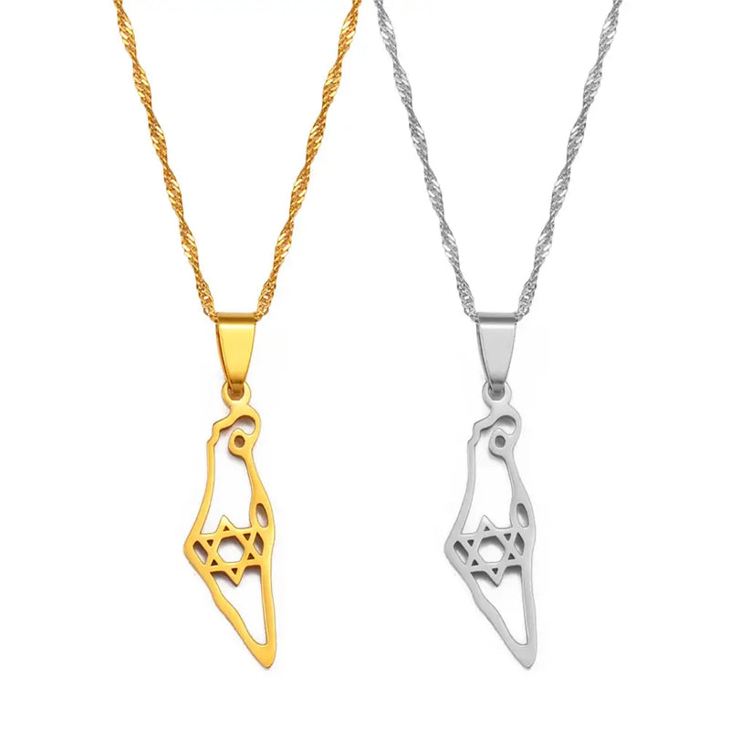 Israel Map With Hexagram Pendant Necklace