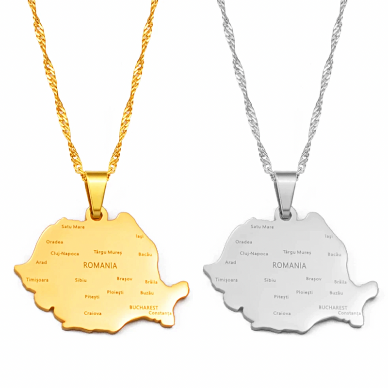 Romania Map with Cities Pendant Necklace