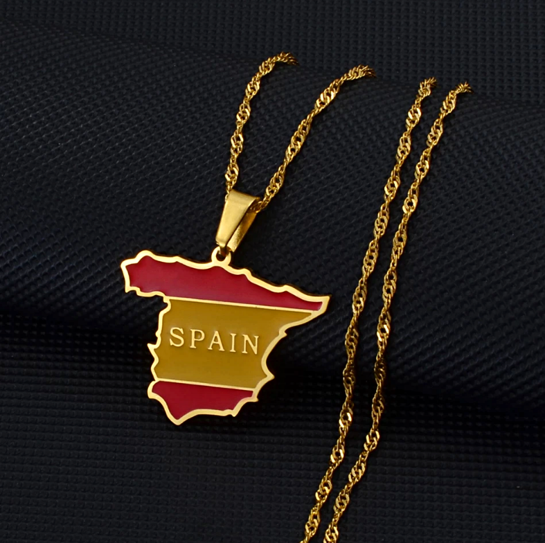 Spain Map with Flag Pendant Necklace