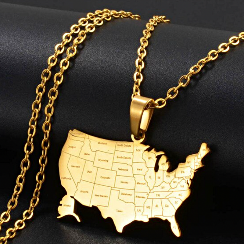 United States Map with Cities Pendant Necklace