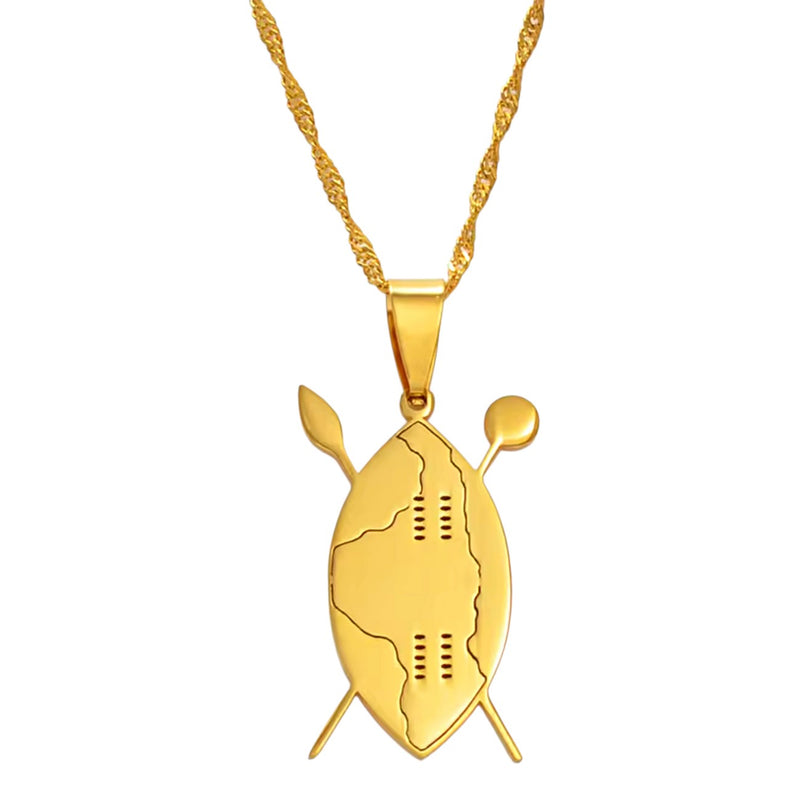 Kenya Flag Shield and Spears Pendant Necklace