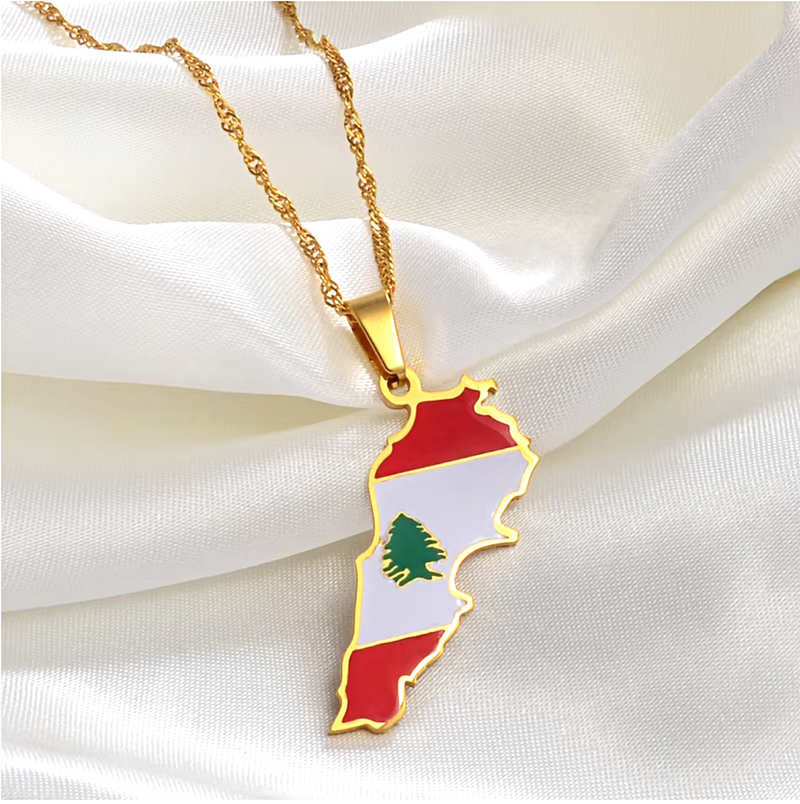 Lebanon Map with Flag Pendant Necklace