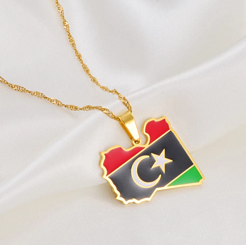 Libya Map with Flag Pendant Necklace