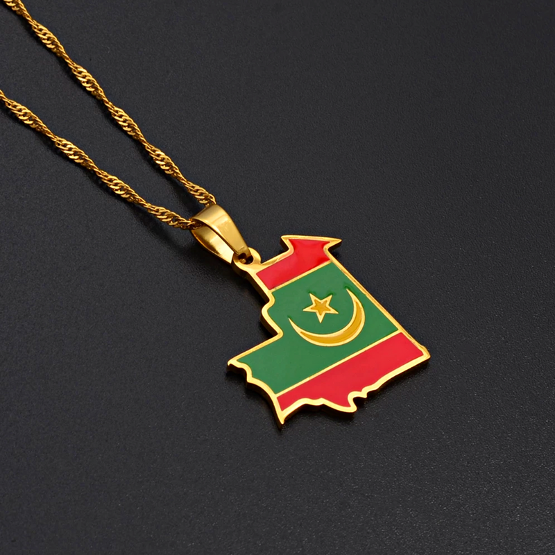 Mauritania Map with Flag Pendant Necklace
