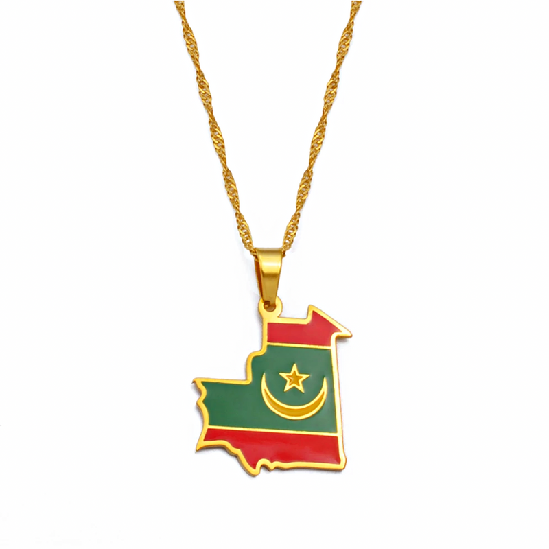Mauritania Map with Flag Pendant Necklace