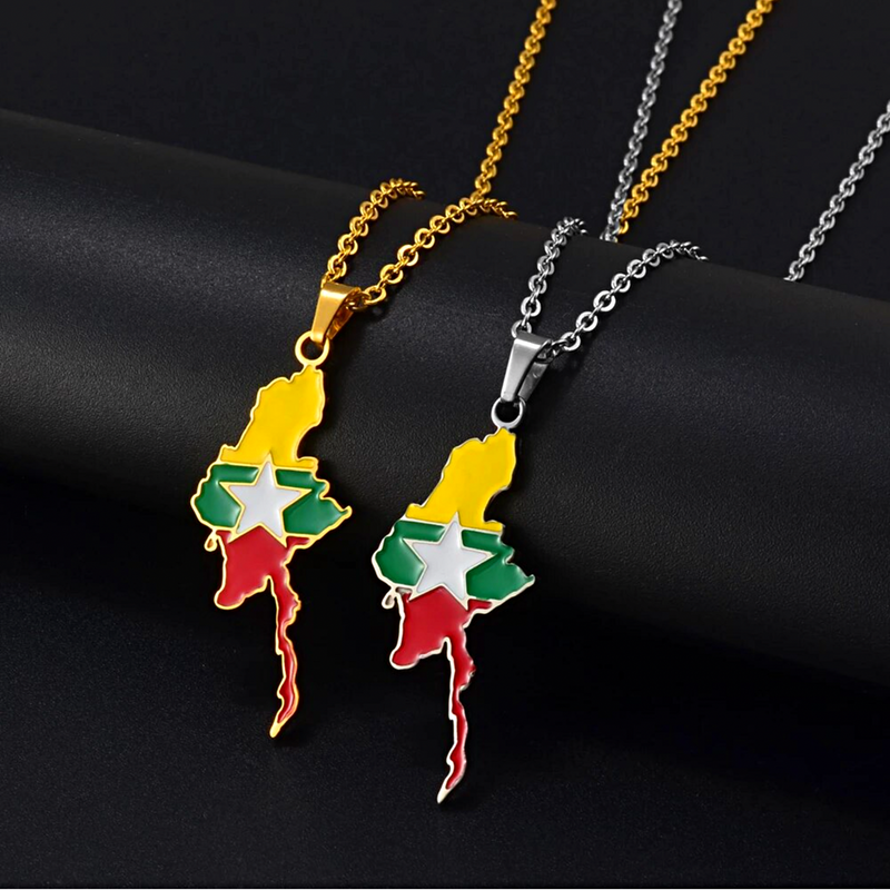 Myanmar Map with Flag Pendant Necklace