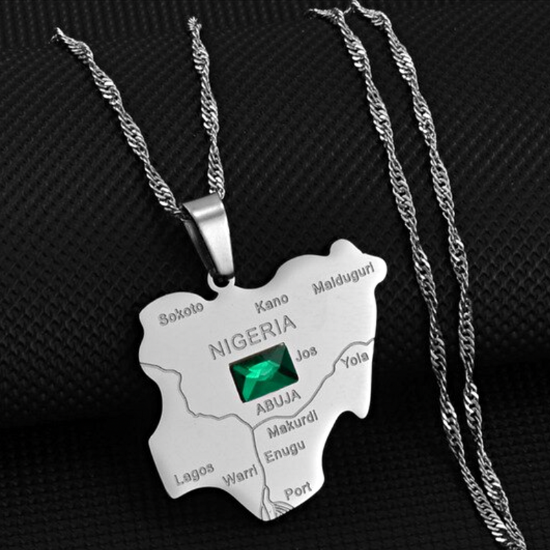 Nigeria Map with Green Stone Pendant Necklace