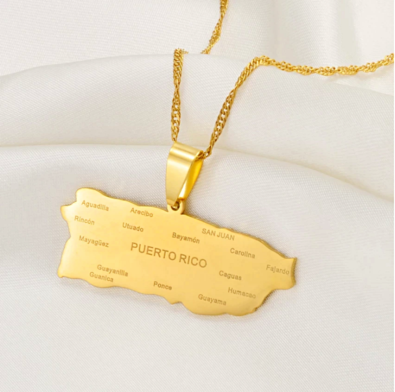 Puerto Rico Map Pendant Necklace with Cities Name
