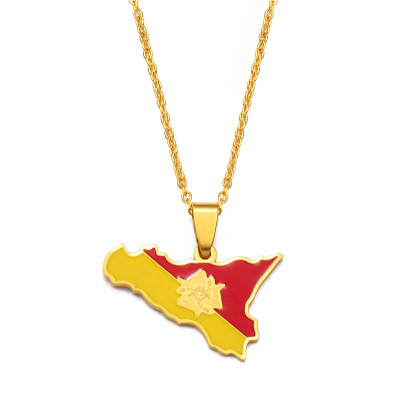 Italy Sicily Map with Flag Pendant Necklace