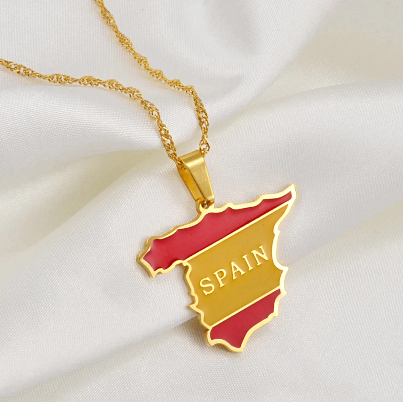 Spain Map with Flag Pendant Necklace