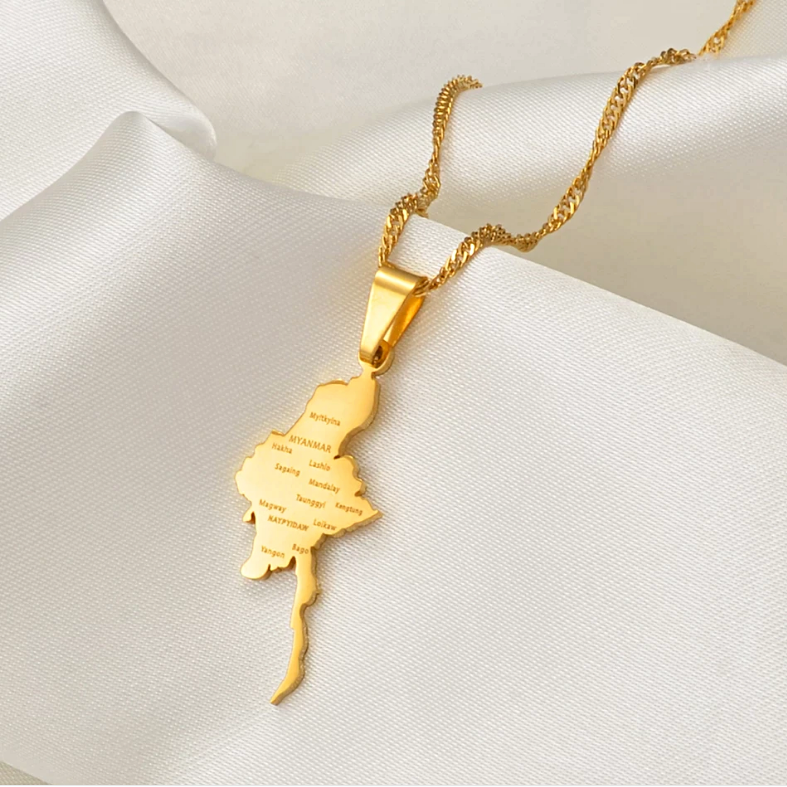 Myanmar Map with Cities Pendant Necklace