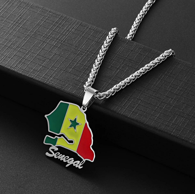 Senegal Map with Flag Pendant Necklace