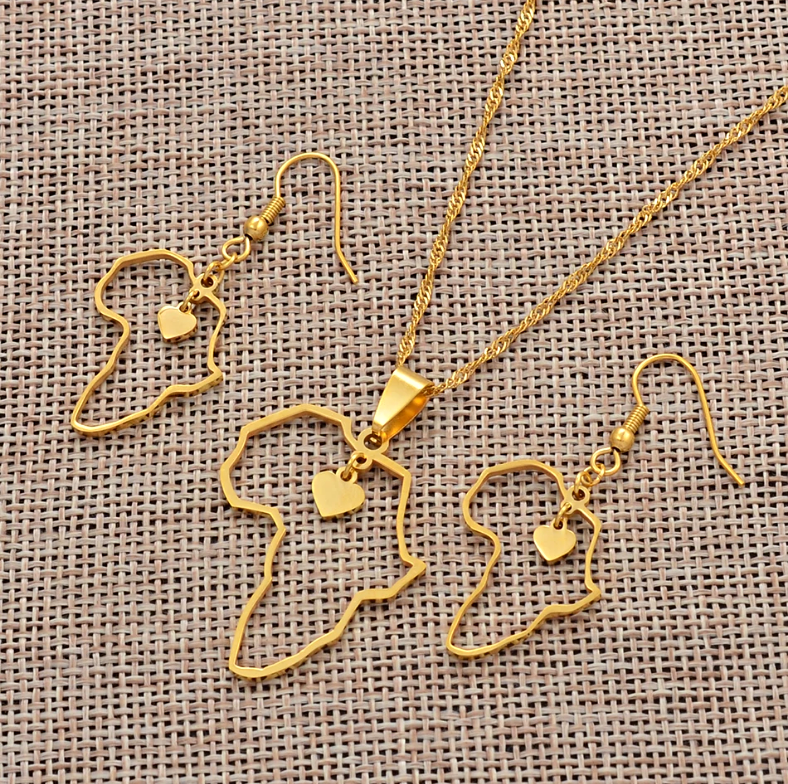 Africa Map Outline Heart Necklace Set with Earrings