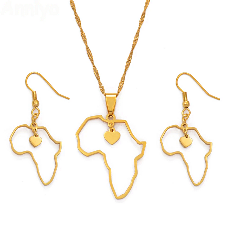 Africa Map Outline Heart Necklace Set with Earrings