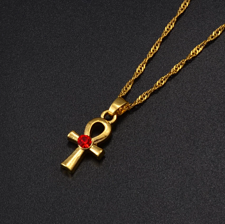 Red Stone Mini Ankh Cross Necklace