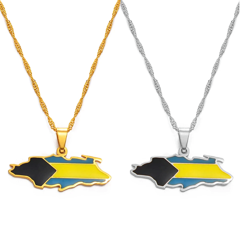 Bahamas Map with Flag Pendant Necklace