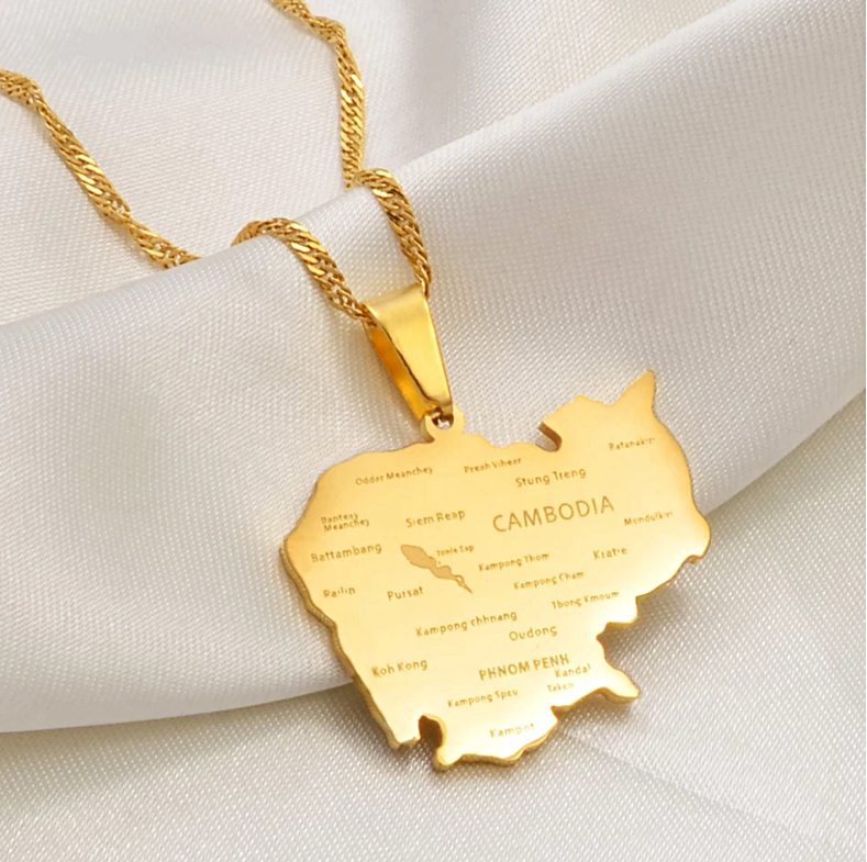 Cambodia Map with Cities Pendant Necklace