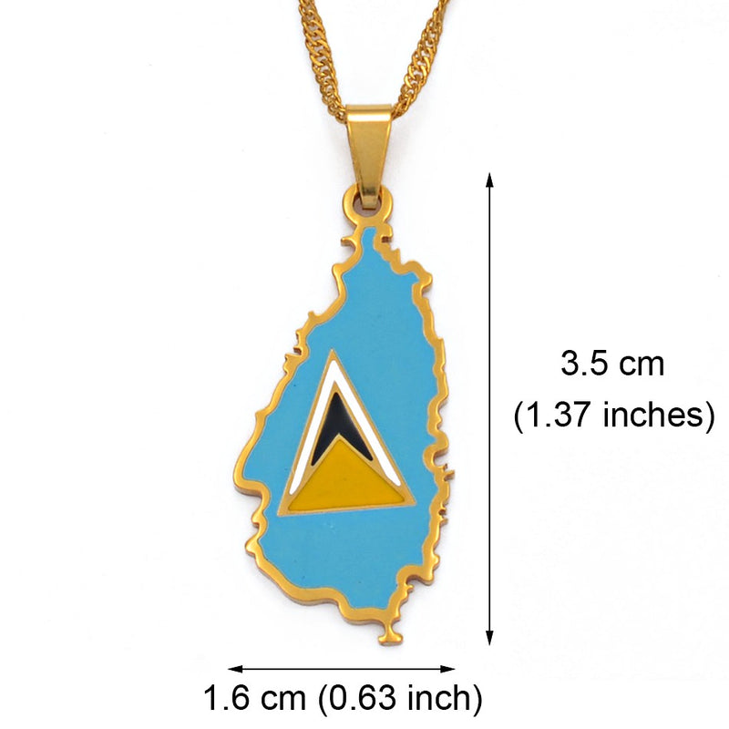 Saint Lucia Map with Flag Pendant Necklace