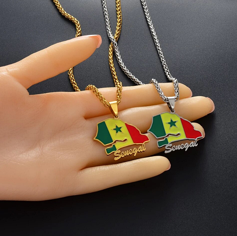 Senegal Map with Flag Pendant Necklace