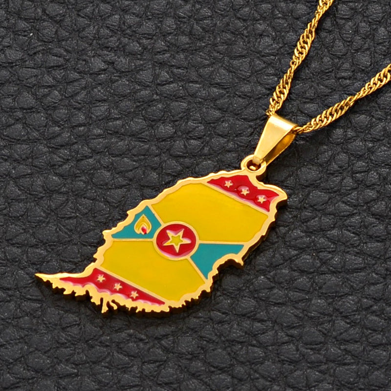Grenada Map with flag Pendant Necklace