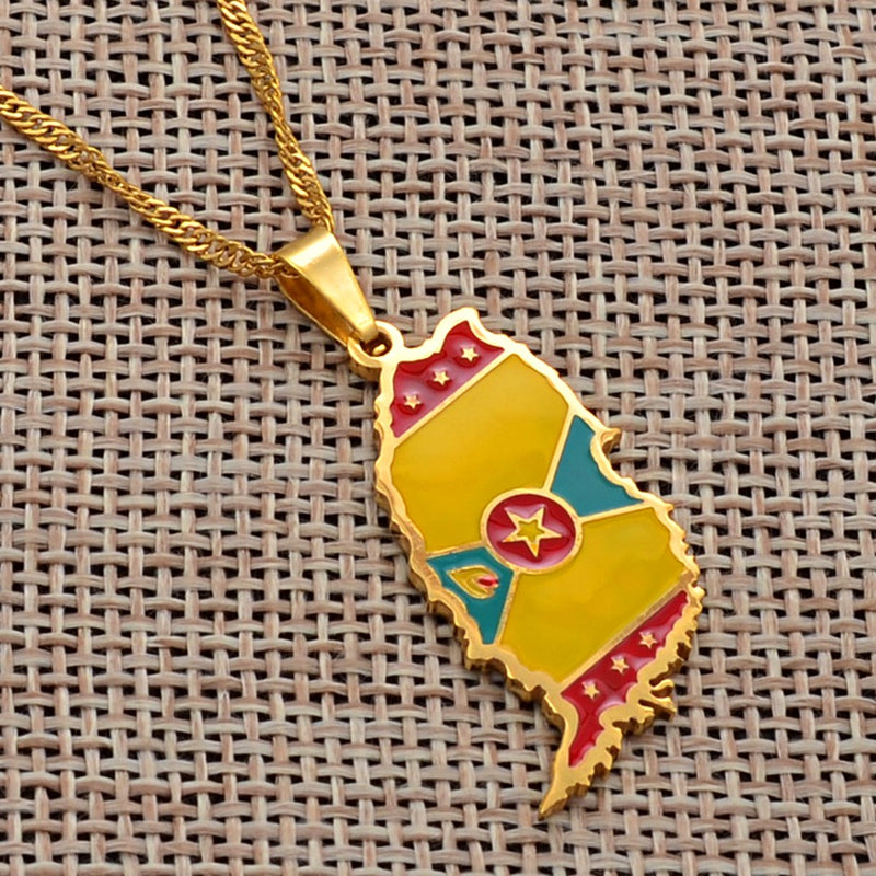 Grenada Map with flag Pendant Necklace