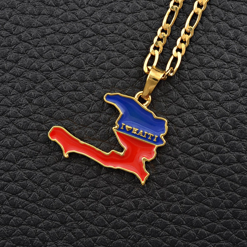 Haiti Map with Flag Pendant Necklace