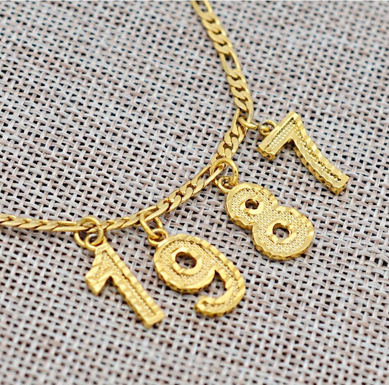 Number Birth year pendant choker necklace / Birthday jewelry gift / Year gold necklace for Men and Women / English number