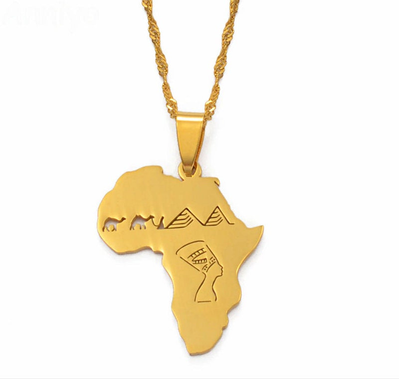 Africa Map With Queen Nefertiti Camel Pyramid Necklace
