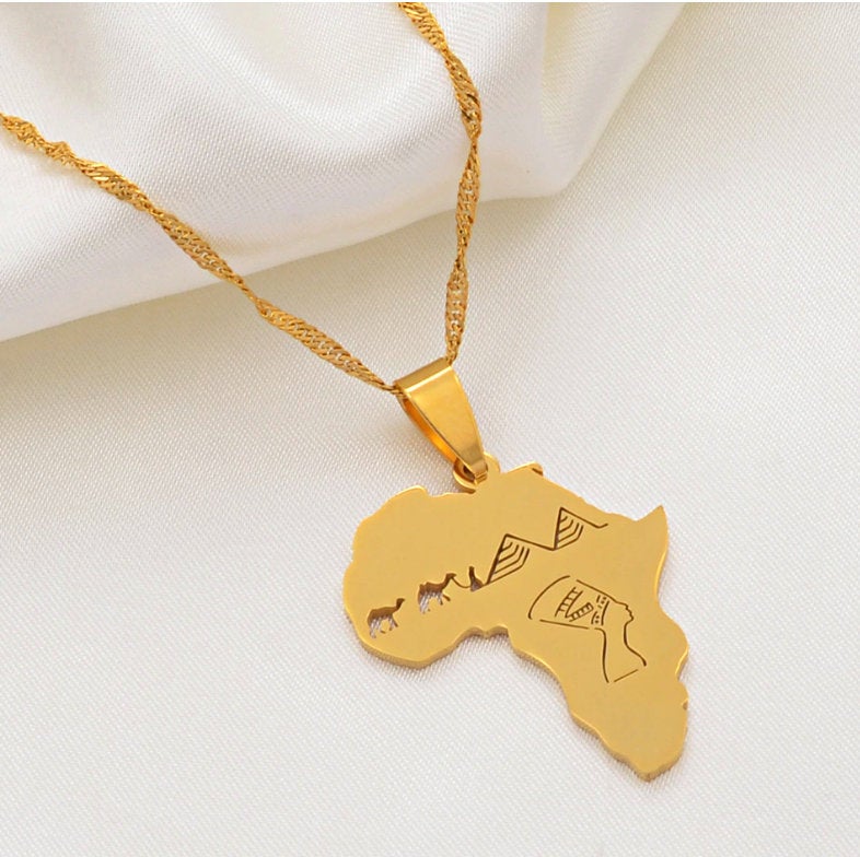 Africa Map With Queen Nefertiti Camel Pyramid Necklace
