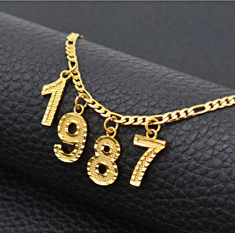 Number Birth year pendant choker necklace / Birthday jewelry gift / Year gold necklace for Men and Women / English number