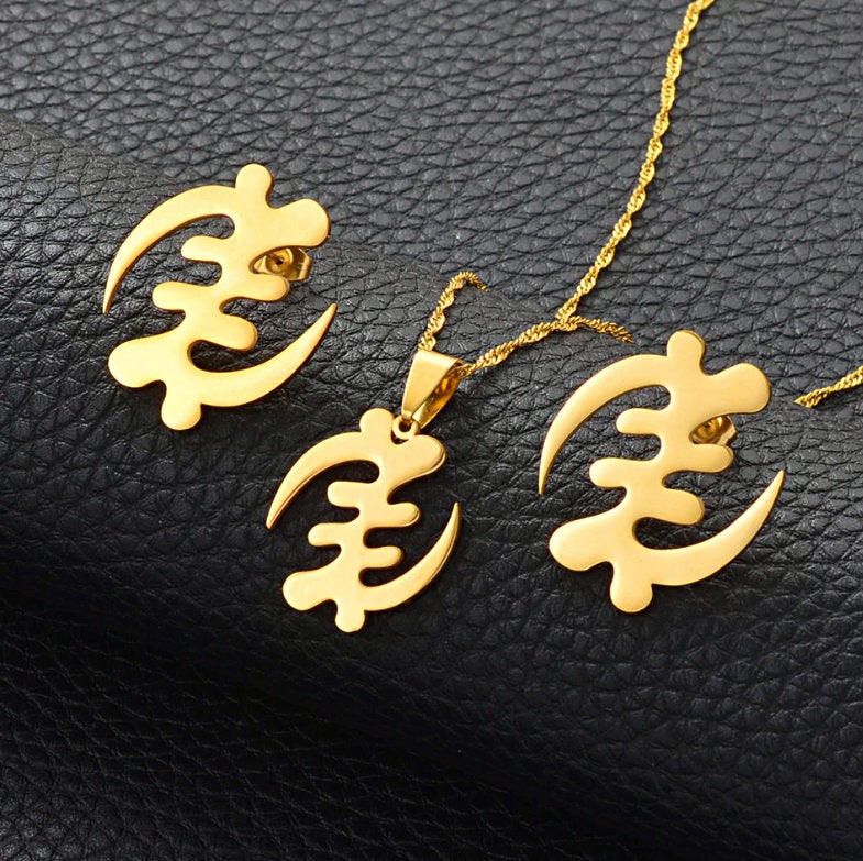 Gye Nyame Adinkra Symbol Necklace Earrings Jewelry Set