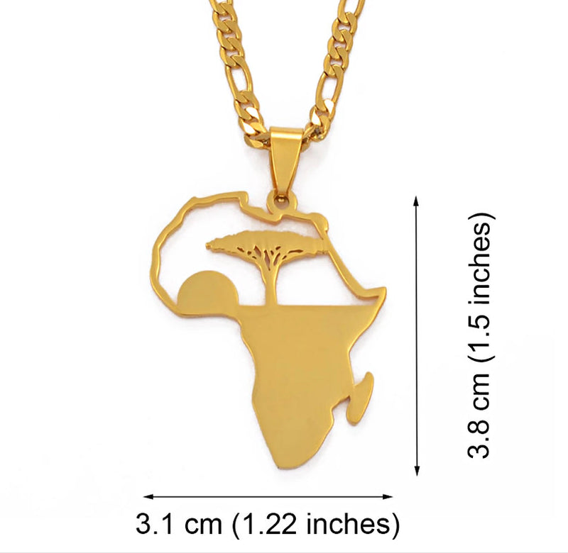 Africa map roots tree sunrise necklace